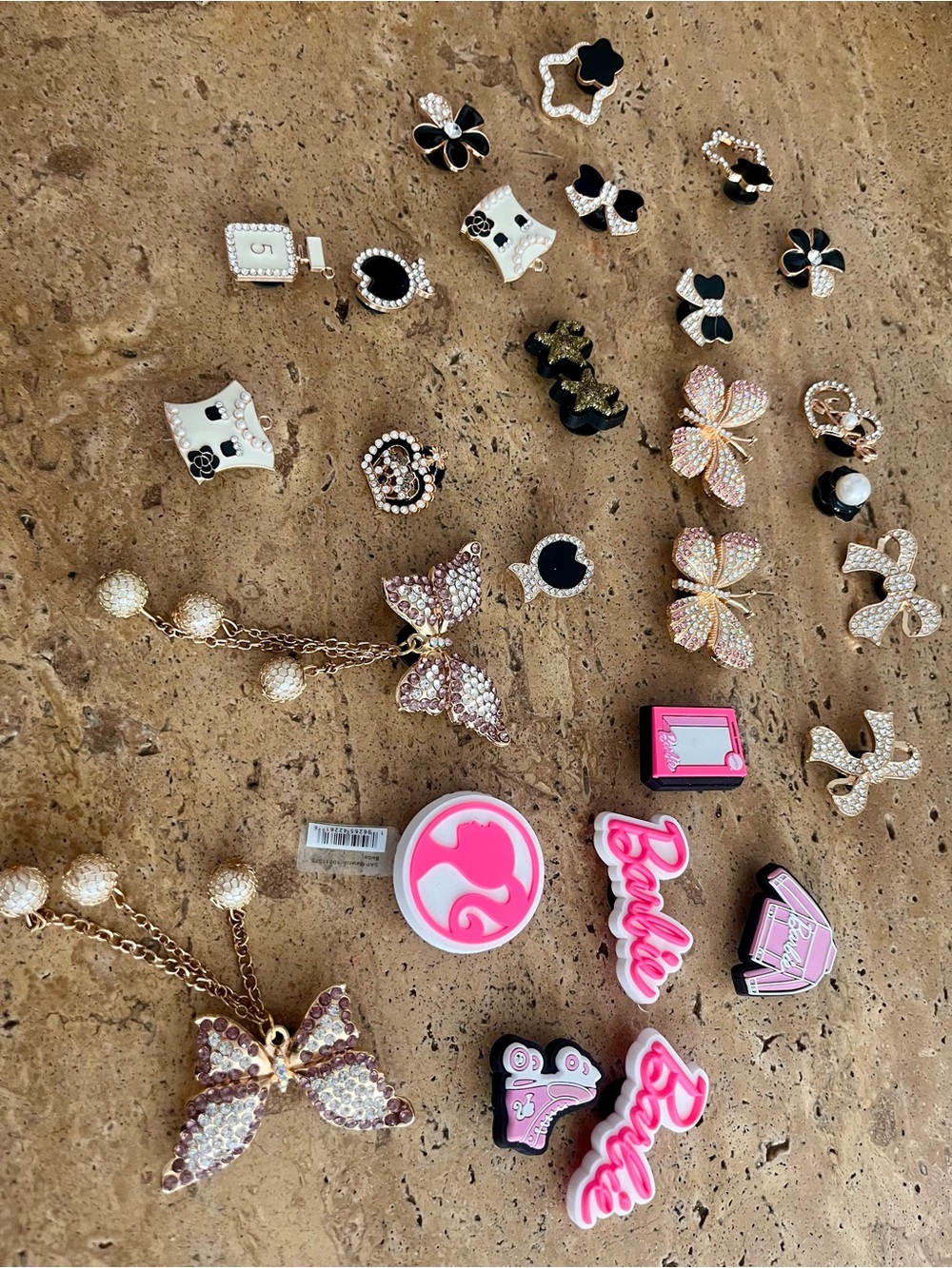 Assorted Black & Pink Barbie and Butterfly Jibbitz charms-27 in total, all New!